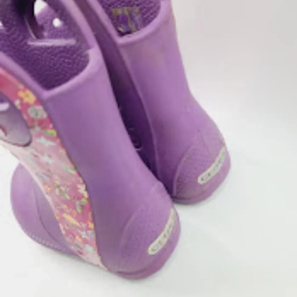 Crocs Girl's Purple Pink Handle It Floral Rubber Ankle Rain Boot Size‎ 8